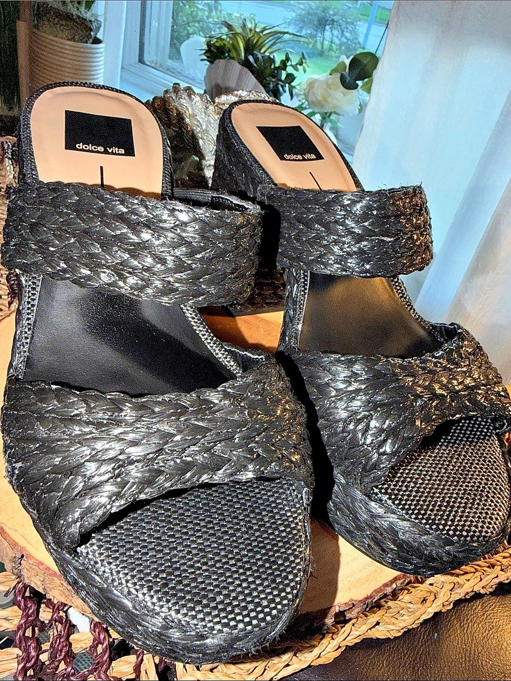 Dolce Vita Latoya Black Raffia Platform Heels Sandals Size 9 New $150